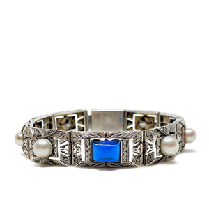 Victorian Engraved Japanese Saltwater Akoya Cultured Pearl Bracelet Sapphire Paste- Sterling Silver