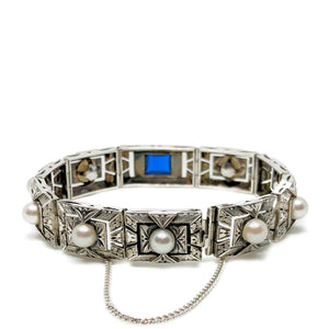 Victorian Engraved Japanese Saltwater Akoya Cultured Pearl Bracelet Sapphire Paste- Sterling Silver