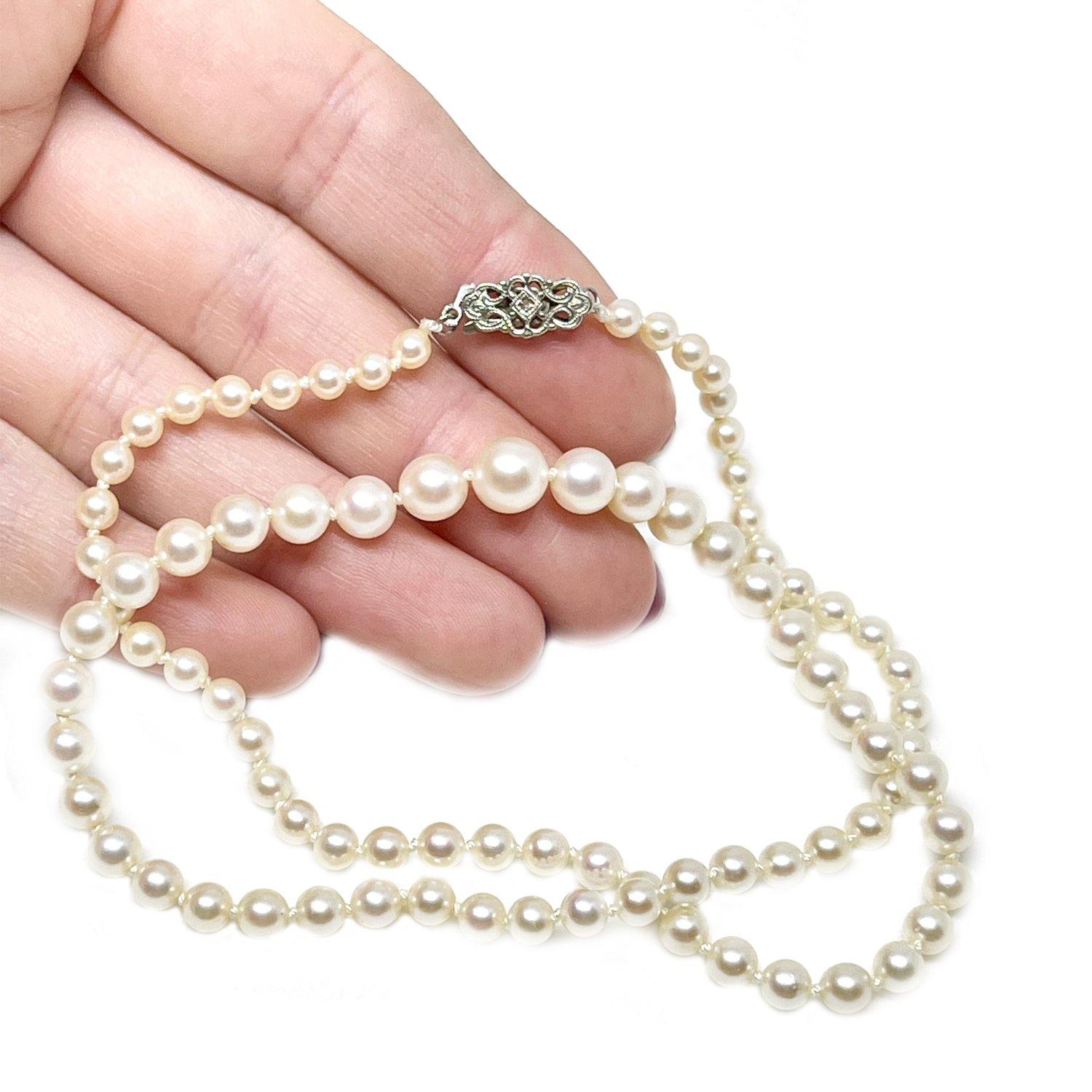 Art Nouveau Japanese Saltwater Cultured Akoya Pearl Necklace - 14K White Gold Diamond 18.50 Inch