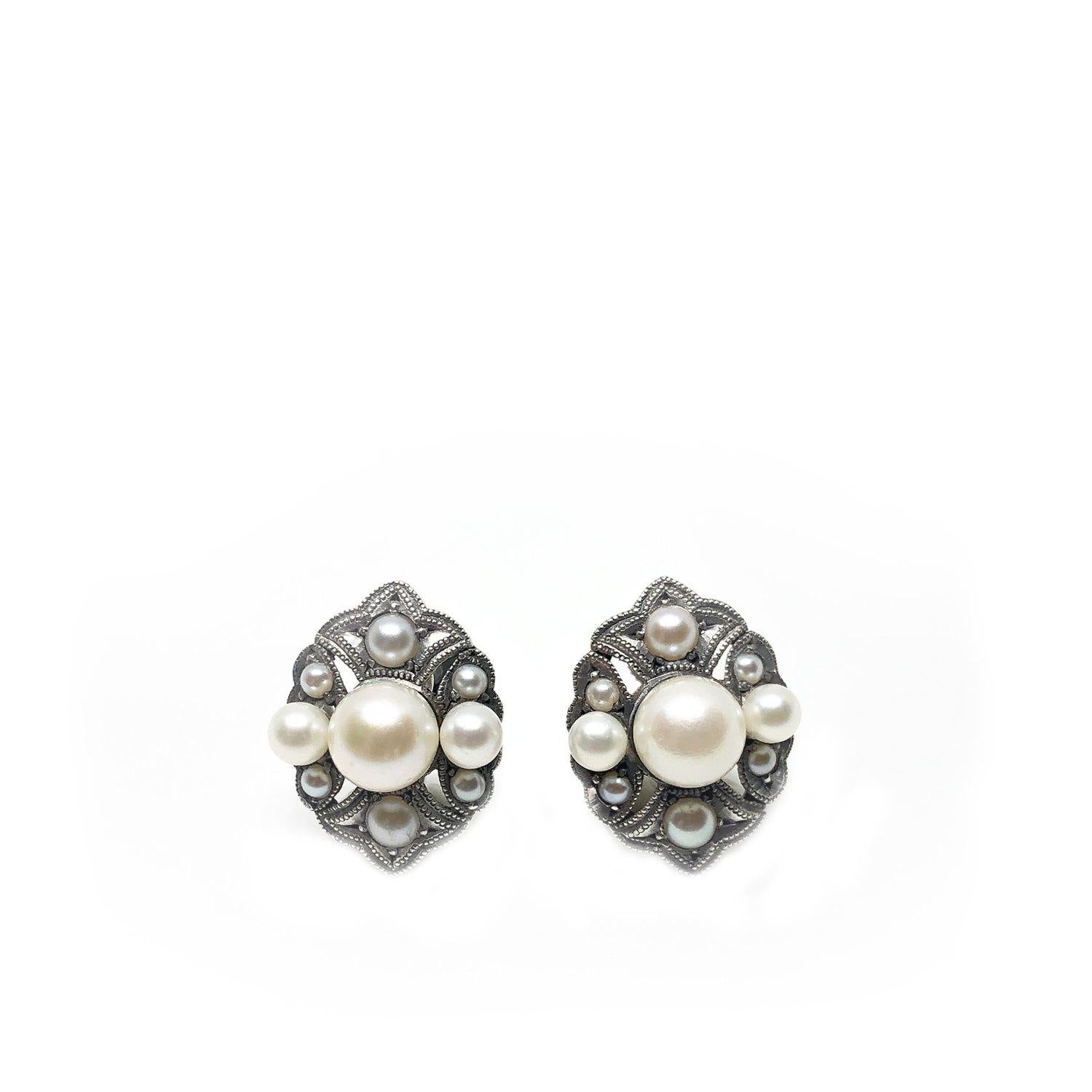 Front Deco Milgrain Akoya Saltwater Cultured Pearl Screwback Earrings- Sterling Silver 