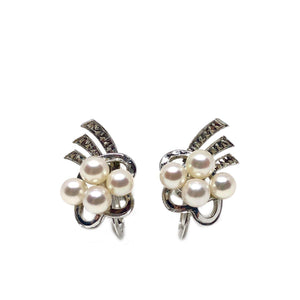 Engraved Art Deco Akoya Saltwater Cultured Pearl Screwback Earrings- Sterling Silver