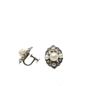 Side Deco Milgrain Akoya Saltwater Cultured Pearl Screwback Earrings- Sterling Silver