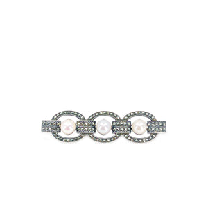 Art Deco Marcasite Japanese Akoya Cultured Saltwater Pearl Bar Brooch- Sterling Silver