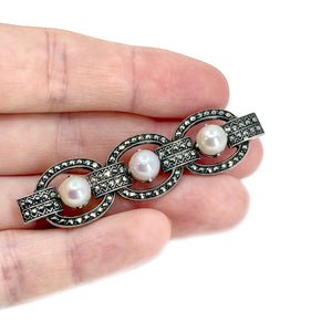 Art Deco Marcasite Japanese Akoya Cultured Saltwater Pearl Bar Brooch- Sterling Silver