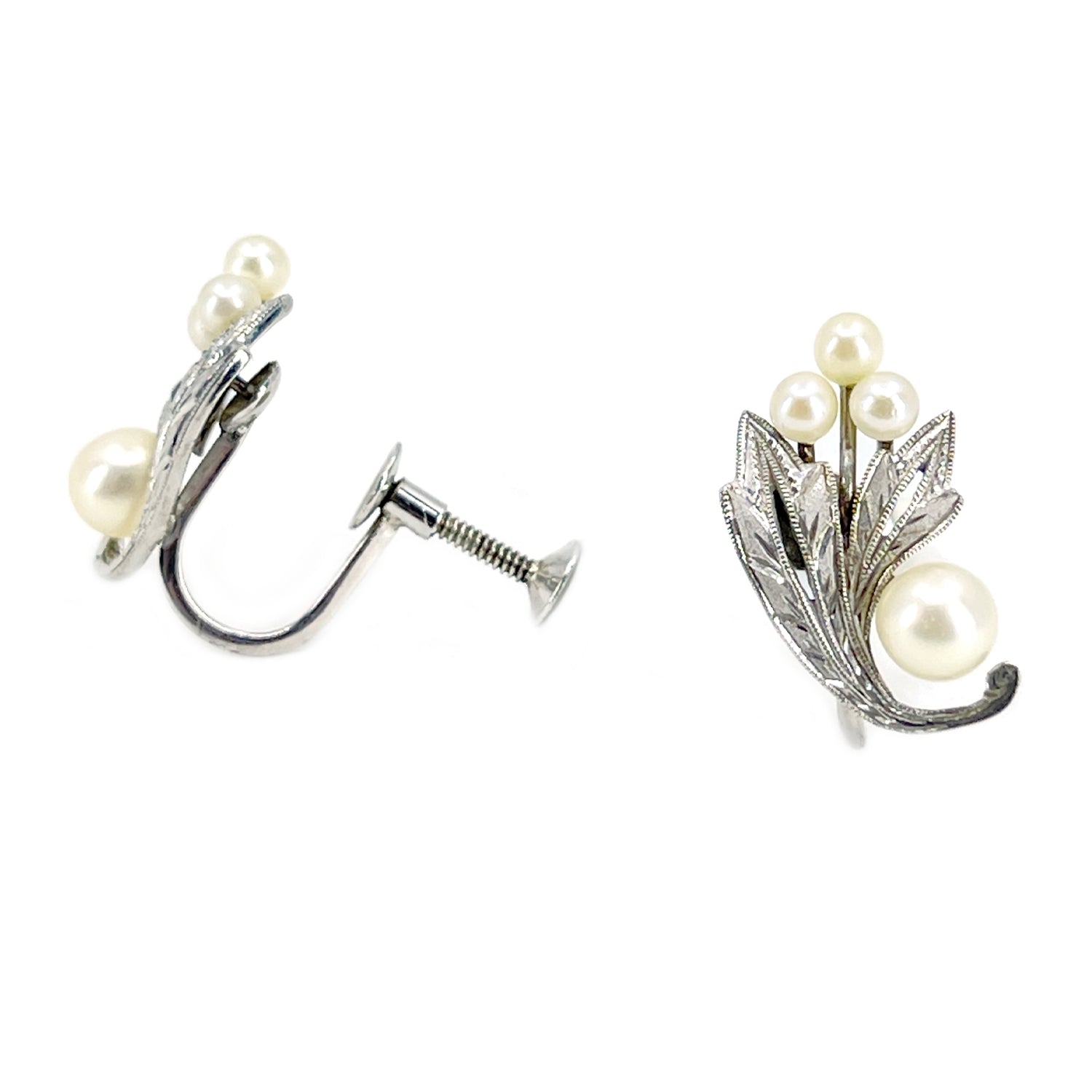 Deco Milgrain Akoya Saltwater Cultured Pearl Vintage Screwback Earrings- Sterling Silver