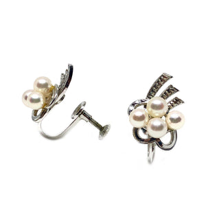 Engraved Art Deco Akoya Saltwater Cultured Pearl Screwback Earrings- Sterling Silver