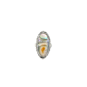 Art Nouveau Navette Abalone Blister Pearl Vintage Engraved Ring- Sterling Silver Sz 5.50