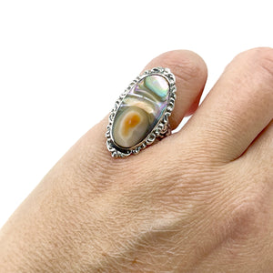 Art Nouveau Navette Abalone Blister Pearl Vintage Engraved Ring- Sterling Silver Sz 5.50