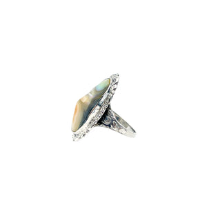 Art Nouveau Navette Abalone Blister Pearl Vintage Engraved Ring- Sterling Silver Sz 5.50