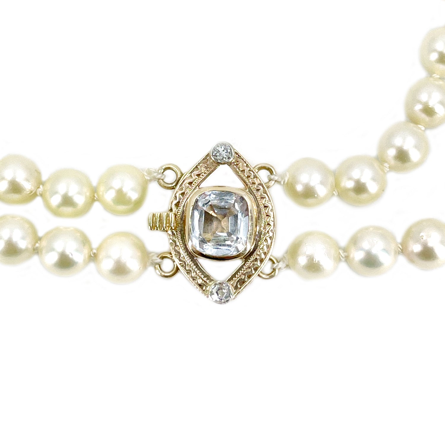 Diamond Aquamarine Vintage Japanese Saltwater Cultured Akoya Pearl Double Strand Necklace - 14K Yellow Gold 18 & 19.50 Inch