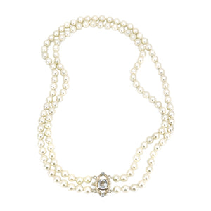 Diamond Aquamarine Vintage Japanese Saltwater Cultured Akoya Pearl Double Strand Necklace - 14K Yellow Gold 18 & 19.50 Inch