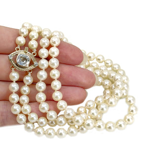 Diamond Aquamarine Vintage Japanese Saltwater Cultured Akoya Pearl Double Strand Necklace - 14K Yellow Gold 18 & 19.50 Inch