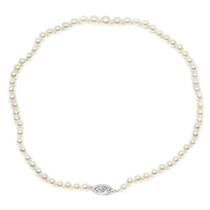 Diamond Choker Graduated Japanese Saltwater Cultured Akoya Pearl Strand - 14K White Gold 13.50 Inch