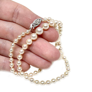 Diamond Choker Graduated Japanese Saltwater Cultured Akoya Pearl Strand - 14K White Gold 13.50 Inch