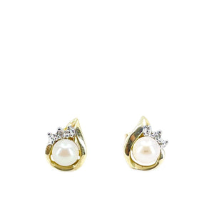Retro Akoya Saltwater Cultured Pearl Diamond Pierced Earrings- 10K Yellow Gold