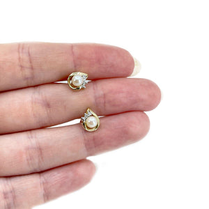 Retro Akoya Saltwater Cultured Pearl Diamond Pierced Earrings- 10K Yellow Gold