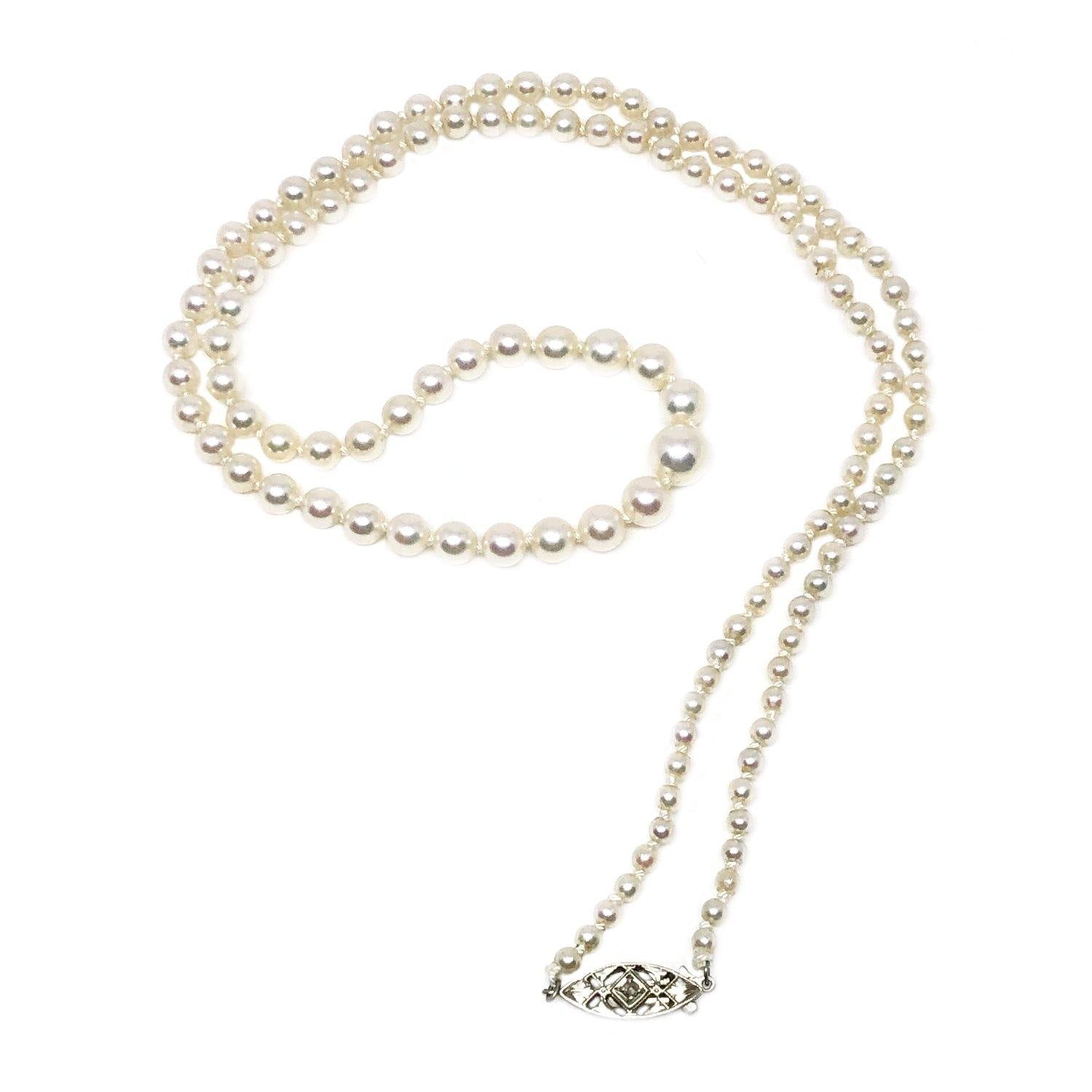 Art Nouveau Japanese Saltwater Cultured Akoya Pearl Necklace - 14K White Gold Diamond 21 Inch