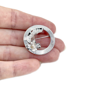 Harry S. Bick Japanese Saltwater Cultured Akoya Pearl Dogwood Circle Brooch- Sterling Silver