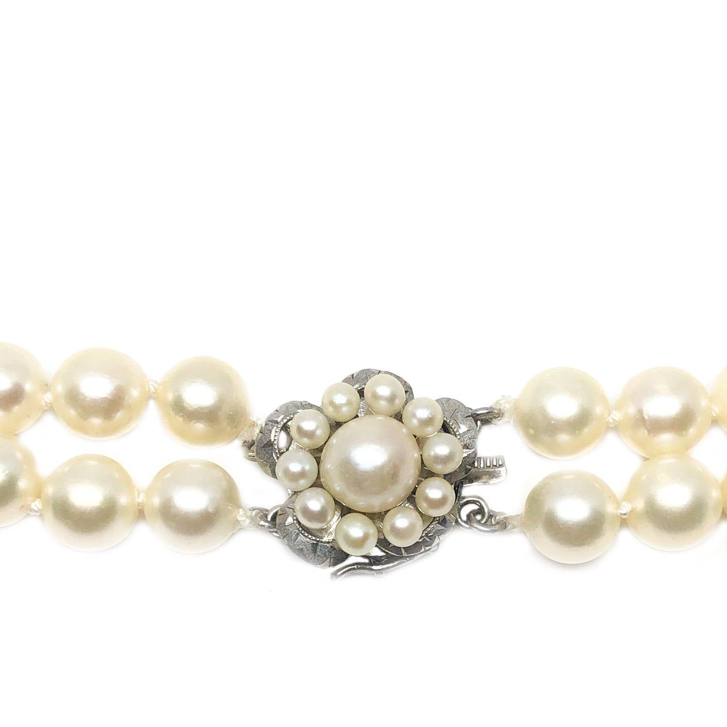 Floral Halo Japanese Saltwater Akoya Cultured Pearl Double Strand Necklace-Sterling Silver 15.50-17 Inch - Vintage Valuable Pearls