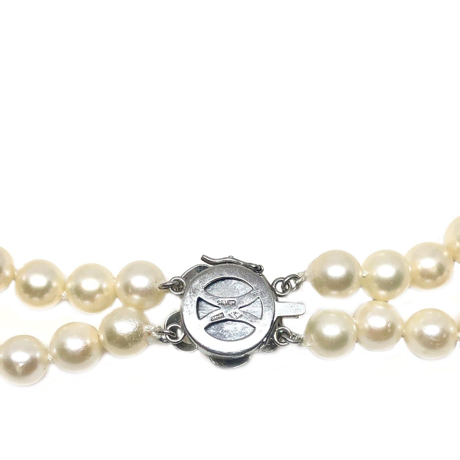 Floral Halo Japanese Saltwater Akoya Cultured Pearl Double Strand Necklace-Sterling Silver 15.50-17 Inch - Vintage Valuable Pearls