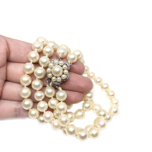 Floral Halo Japanese Saltwater Akoya Cultured Pearl Double Strand Necklace-Sterling Silver 15.50-17 Inch - Vintage Valuable Pearls