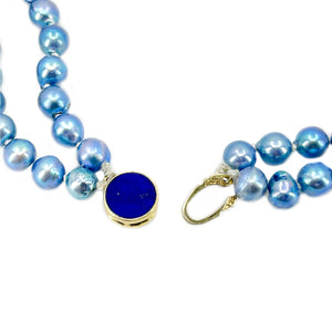 Double Strand Baroque Blue Japanese Saltwater Akoya Cultured Pearl Lapis Lazuli Vintage Necklace - 14K Yellow Gold 15.50 & 16.00 Inch