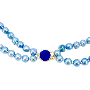 Double Strand Baroque Blue Japanese Saltwater Akoya Cultured Pearl Lapis Lazuli Vintage Necklace - 14K Yellow Gold 15.50 & 16.00 Inch