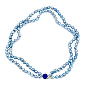 Double Strand Baroque Blue Japanese Saltwater Akoya Cultured Pearl Lapis Lazuli Vintage Necklace - 14K Yellow Gold 15.50 & 16.00 Inch
