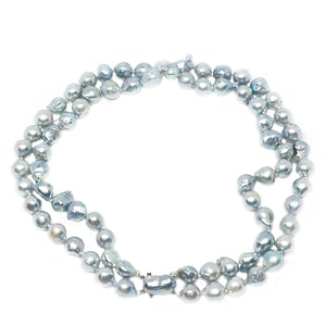 Double Strand Blue Japanese Cultured Akoya Pearl Choker Necklace - 14K White Gold 15 & 15.50 Inch