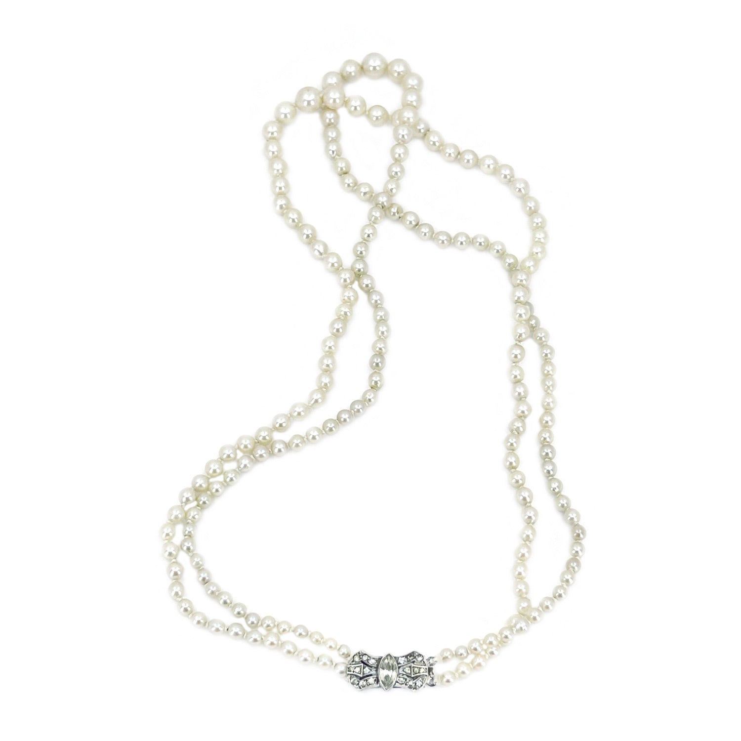 Art Deco Double Strand Japanese Cultured Akoya Pearl Paste Necklace -Sterling Silver 18 & 19 Inch