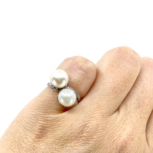 Deco Bypass Floral Japanese Saltwater Cultured Akoya Vintage Pearl Ring- Sterling Silver Sz 4