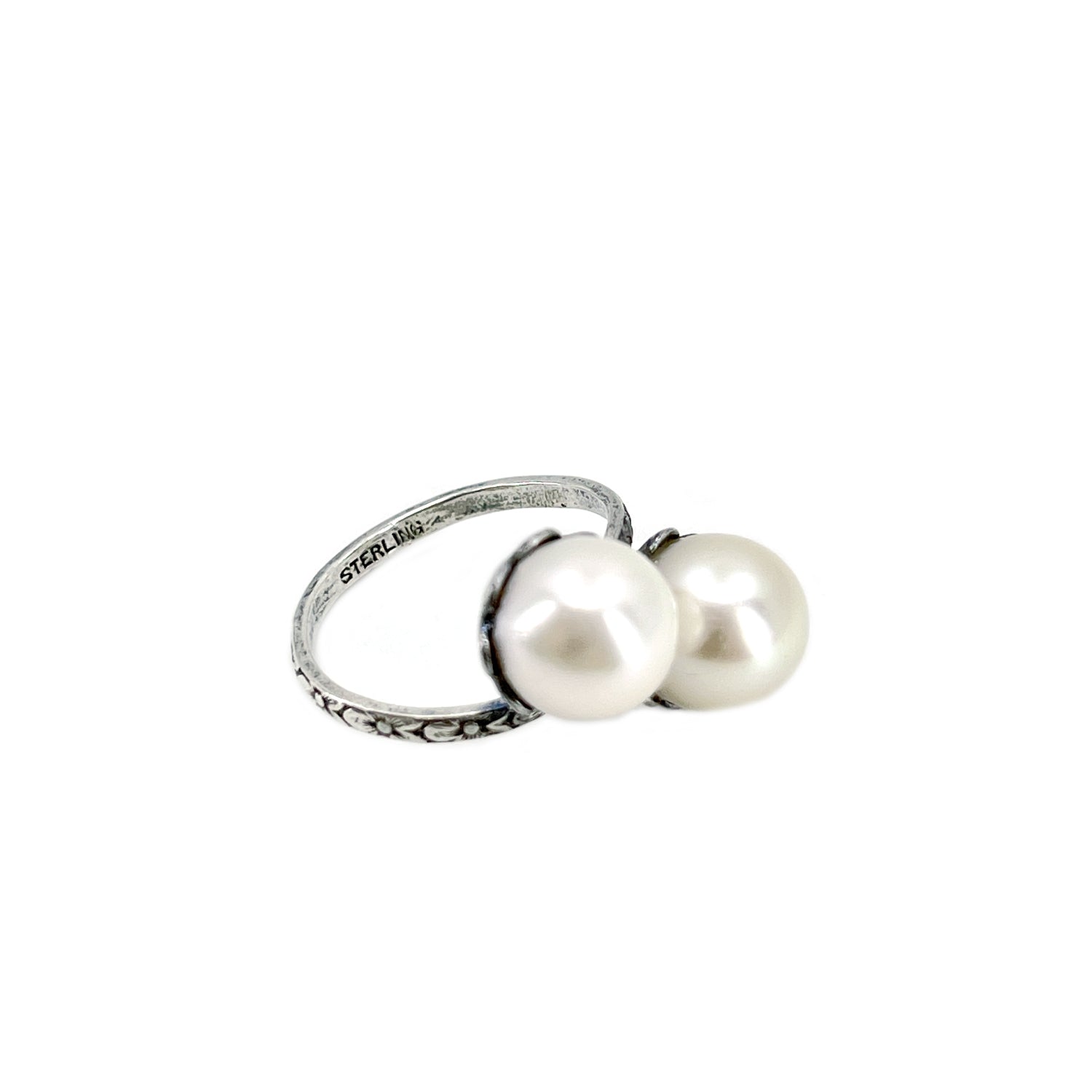 Deco Bypass Floral Japanese Saltwater Cultured Akoya Vintage Pearl Ring- Sterling Silver Sz 4