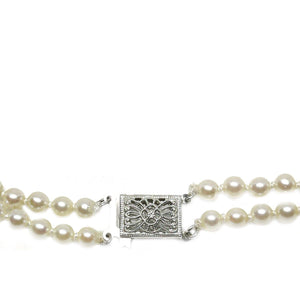 Filigree Double Strand Japanese Saltwater Cultured Akoya Pearl Necklace - 14K White Gold 17 & 18 Inch