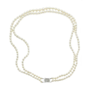 Filigree Double Strand Japanese Saltwater Cultured Akoya Pearl Necklace - 14K White Gold 17 & 18 Inch
