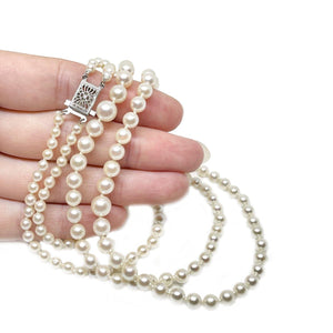 Filigree Double Strand Japanese Saltwater Cultured Akoya Pearl Necklace - 14K White Gold 17 & 18 Inch
