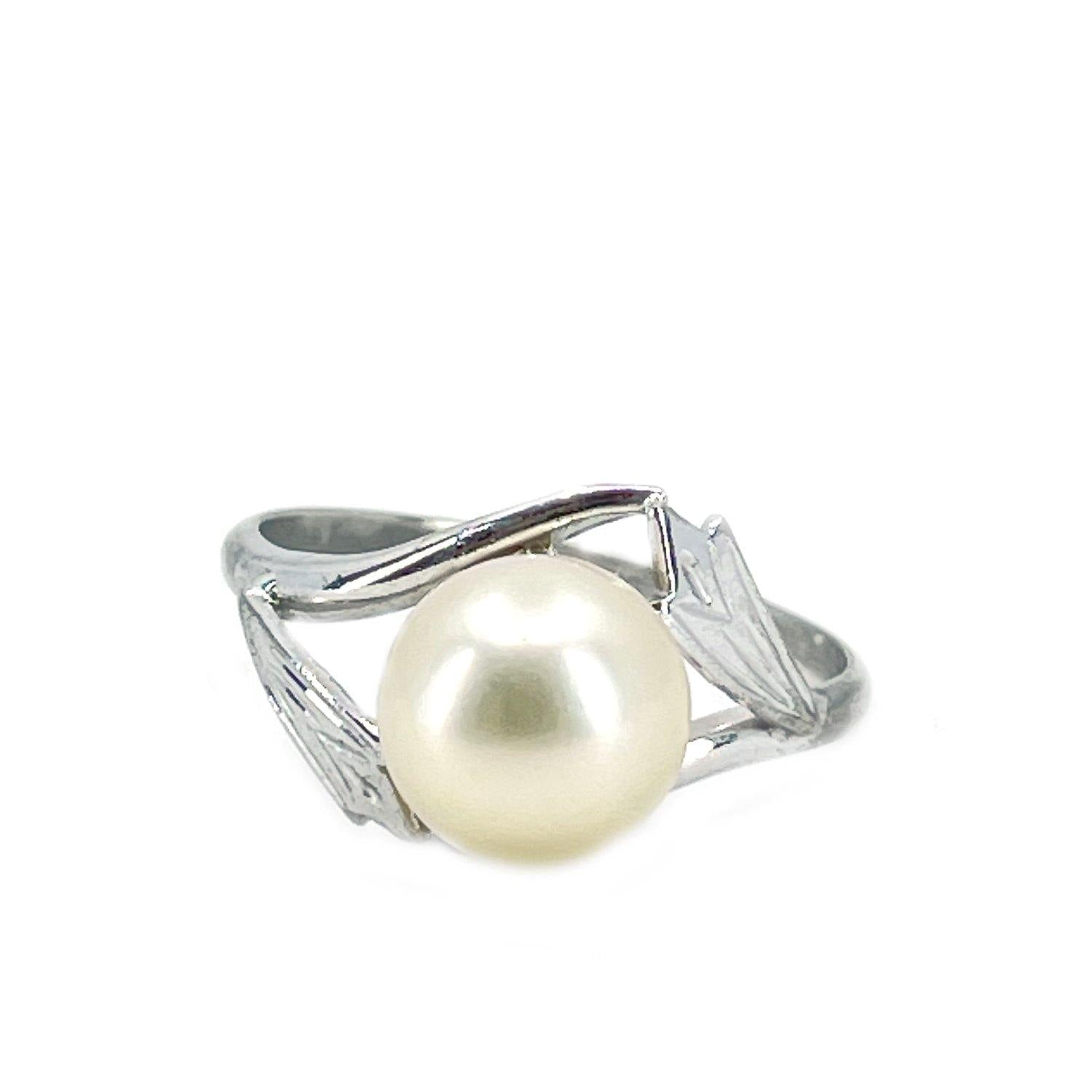 Botanical Double Leaf Japanese Saltwater Blue Akoya Cultured Pearl Ring- Sterling Silver Sz 6