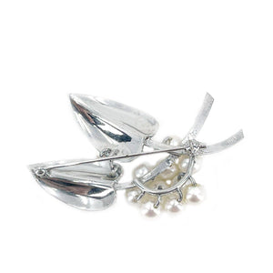 Cluster Brushed Leaves Japanese Saltwater Akoya Cultured Pearl Brooch- Sterling Silver