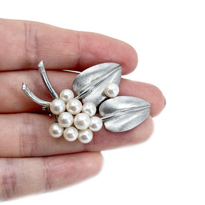 Cluster Brushed Leaves Japanese Saltwater Akoya Cultured Pearl Brooch- Sterling Silver
