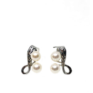Ribbon Engraved Akoya Saltwater Cultured Pearl Screwback Earrings- Sterling Silver