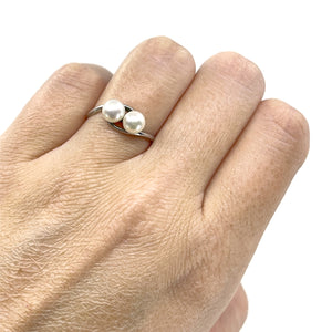 Retro Bypass Double Japanese Saltwater Akoya Cultured Pearl Ring- Sterling Silver Sz 7 3/4