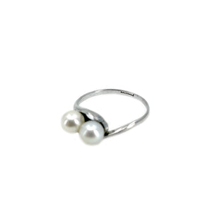 Retro Bypass Double Japanese Saltwater Akoya Cultured Pearl Ring- Sterling Silver Sz 7 3/4
