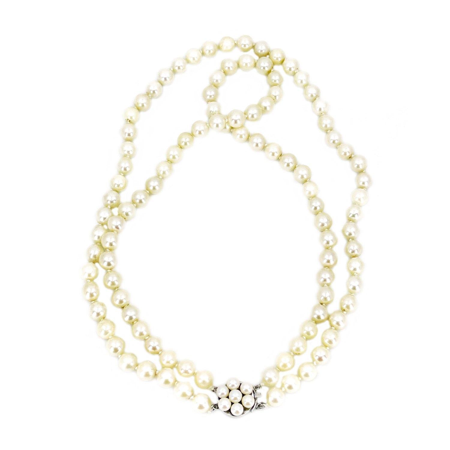 Halo Double Strand Japanese Cultured Akoya Pearl Choker Necklace -Sterling Silver 15.25 & 16 Inch