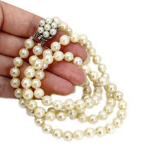 Halo Double Strand Japanese Cultured Akoya Pearl Choker Necklace -Sterling Silver 15.25 & 16 Inch