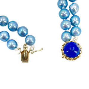 Vibrant Lapis Lazuli Japanese Blue Saltwater Akoya Cultured Pearl Double Strand Vintage Bracelet- 14K Yellow Gold