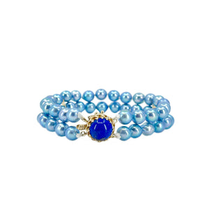 Vibrant Lapis Lazuli Japanese Blue Saltwater Akoya Cultured Pearl Double Strand Vintage Bracelet- 14K Yellow Gold
