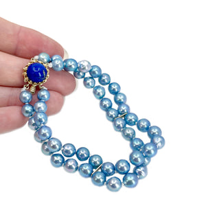 Vibrant Lapis Lazuli Japanese Blue Saltwater Akoya Cultured Pearl Double Strand Vintage Bracelet- 14K Yellow Gold