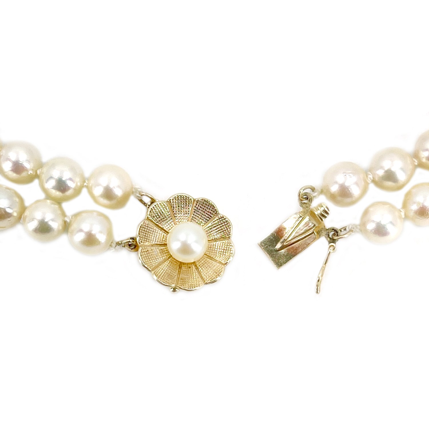 Vintage Double Strand Floral Japanese Saltwater Cultured Akoya Pearl Necklace - 14K Yellow Gold 22.75 & 24 Inch