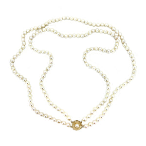 Vintage Double Strand Floral Japanese Saltwater Cultured Akoya Pearl Necklace - 14K Yellow Gold 22.75 & 24 Inch