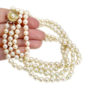 Vintage Double Strand Floral Japanese Saltwater Cultured Akoya Pearl Necklace - 14K Yellow Gold 22.75 & 24 Inch