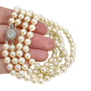 Vintage Double Strand Modernist Japanese Cultured Akoya Pearl Necklace -Sterling Silver 16.50 & 17.25 Inch